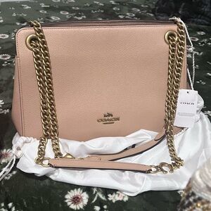 Coach Pebble Leather Shoulder Bag in Blush Pink with Gold Chain
